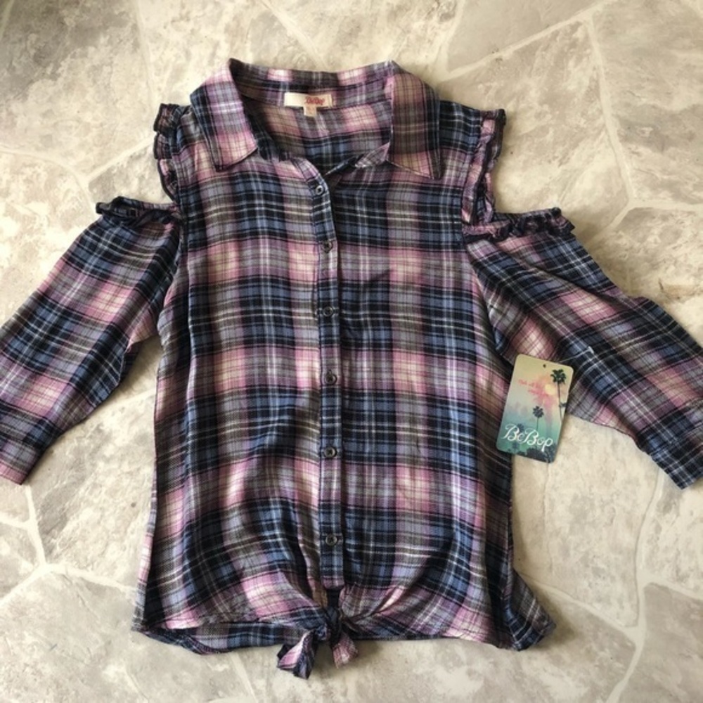 NWT BeBop plaid flannel cold shoulder tie front ruffle shirt girls size S & M